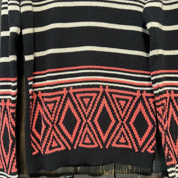 Volcom Machu Peaches Sweater S Geometric Black Orange Striped Festival Cozy Warm - Picture 4 of 12